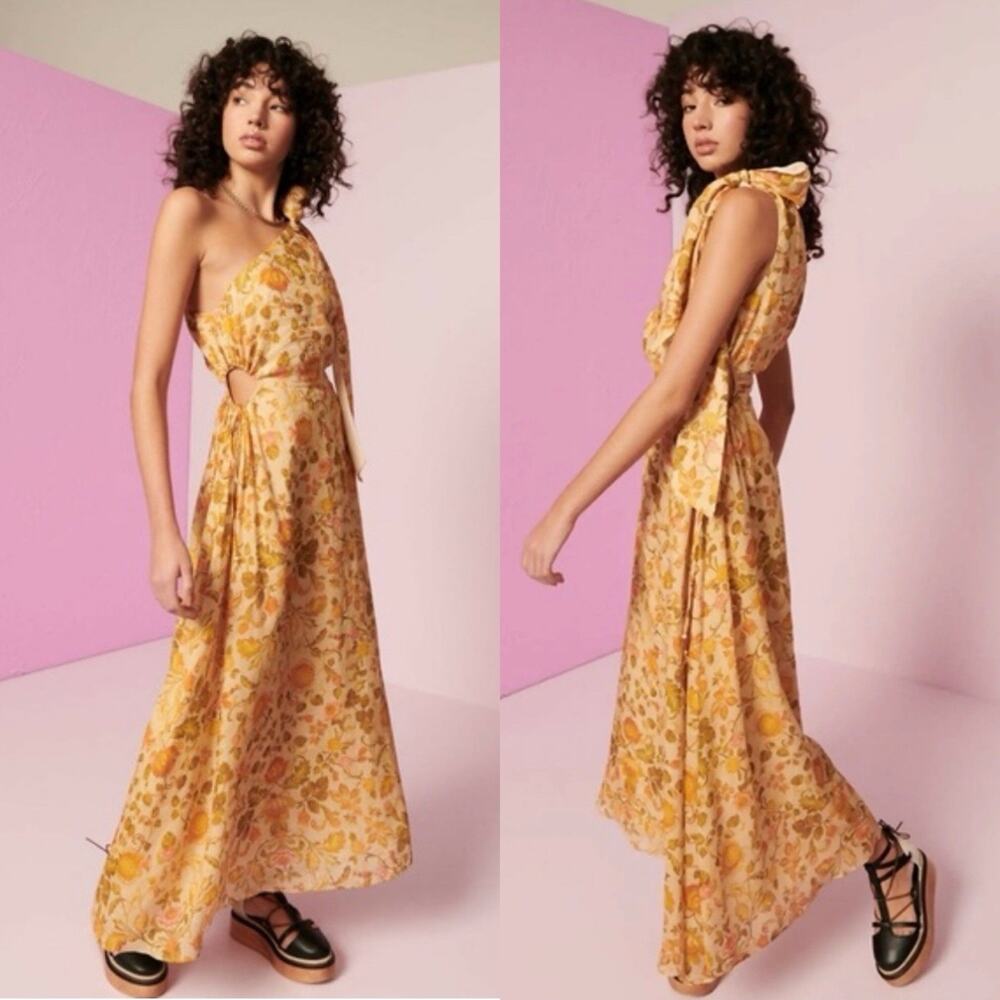 Kate Ford Alata Midi Dress Size 0 Cut out floral gold print Feminine Romantic